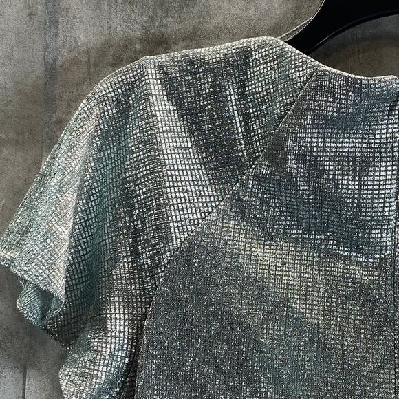 ADRIANNA PAPELL Women's Sea Glass Metallic Mesh Twist Short Sleeve Maxi Gown SZ6 - Picture 8 of 14